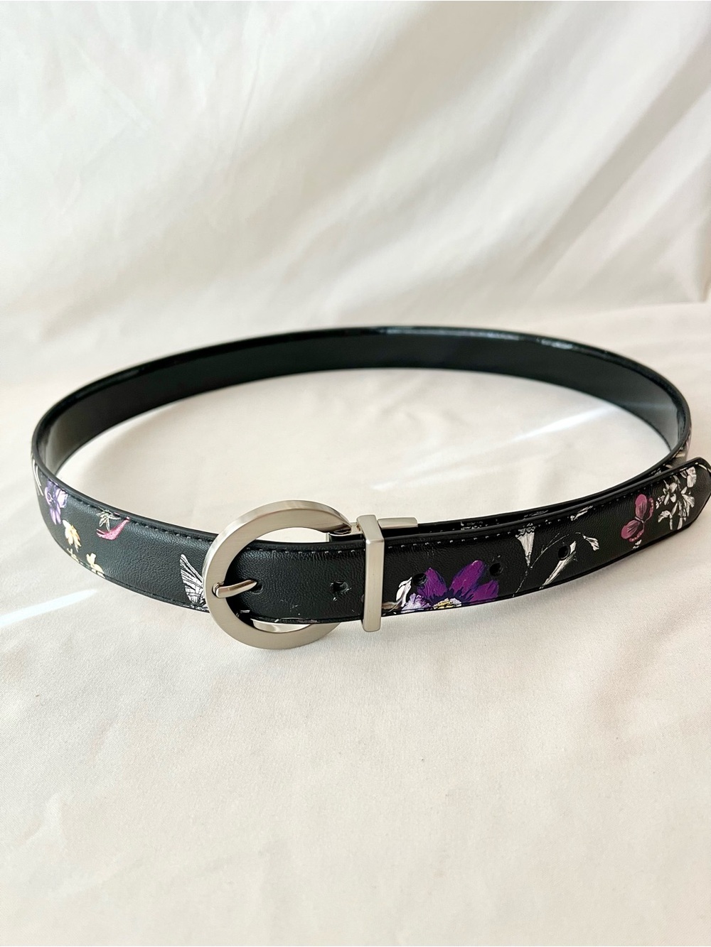 Reversible Black Floral Butterfly Women's Belt with Silver Round Buckle